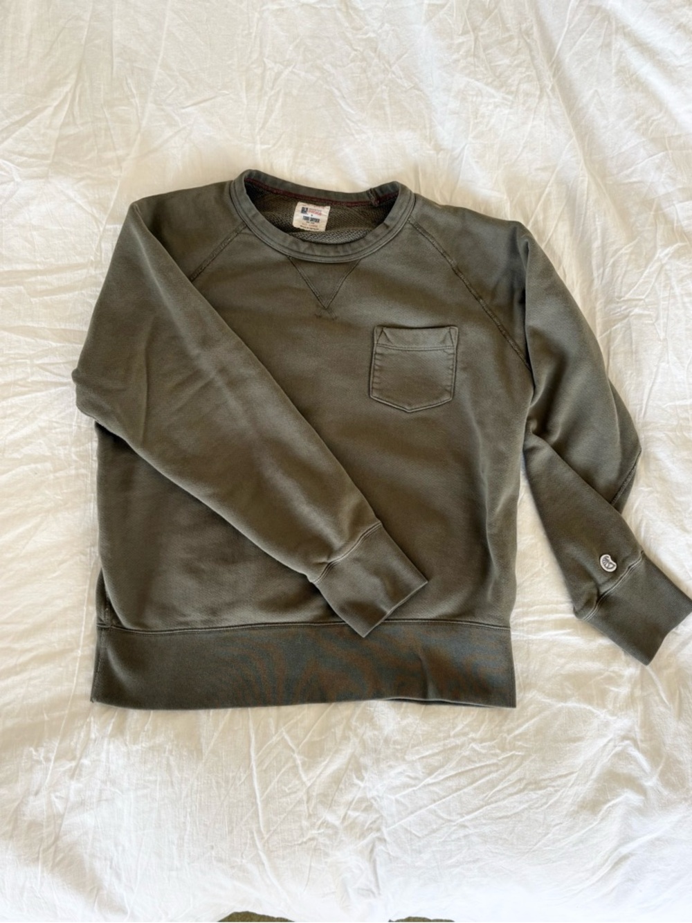 Champion x Todd Snyder Olive Green Men's Crewneck Sweatshirt with Chest Pocket